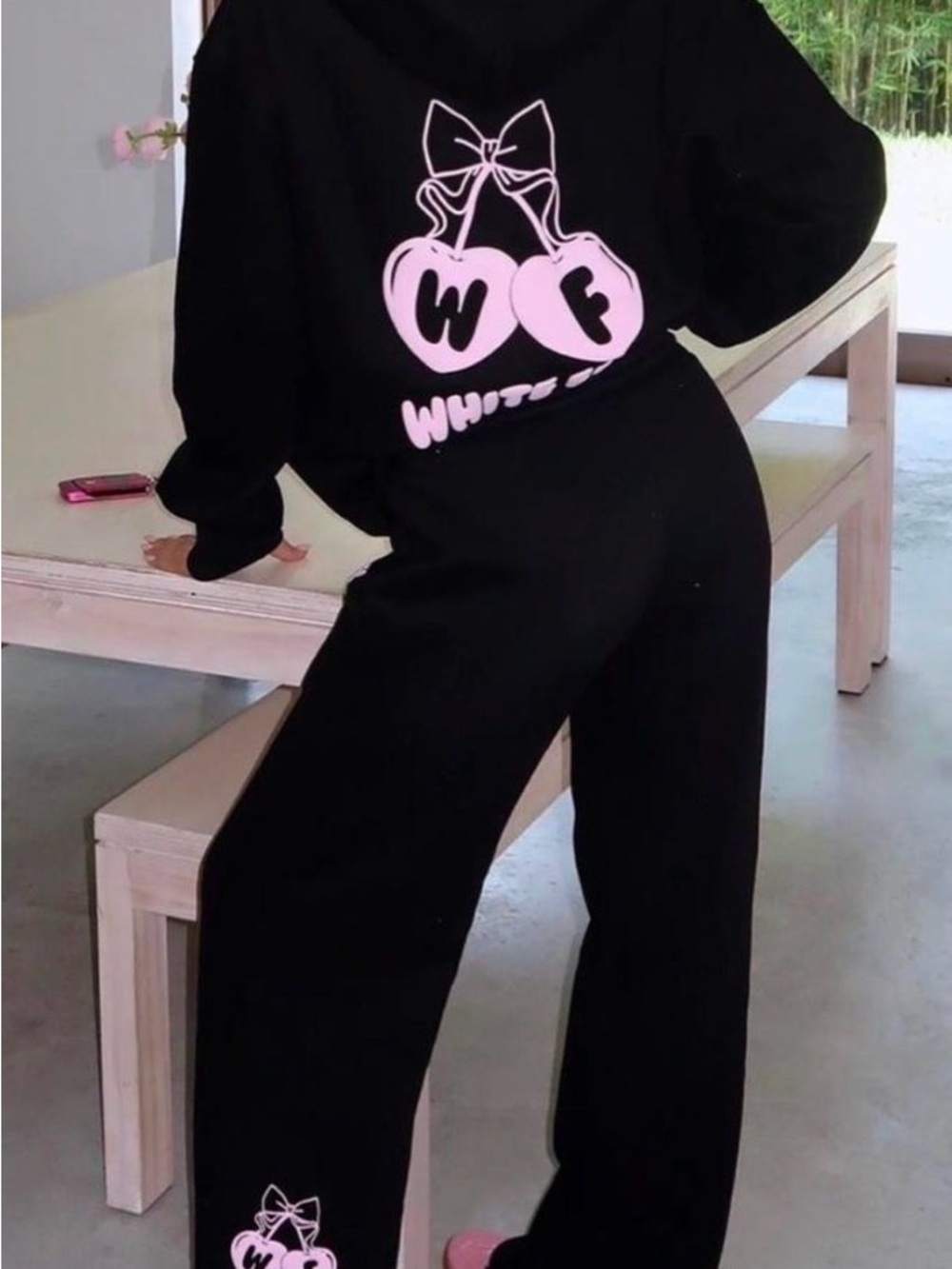 White Fox Boutique Black Wide-Leg Pants and Hoodie Pink Cherry Graphic